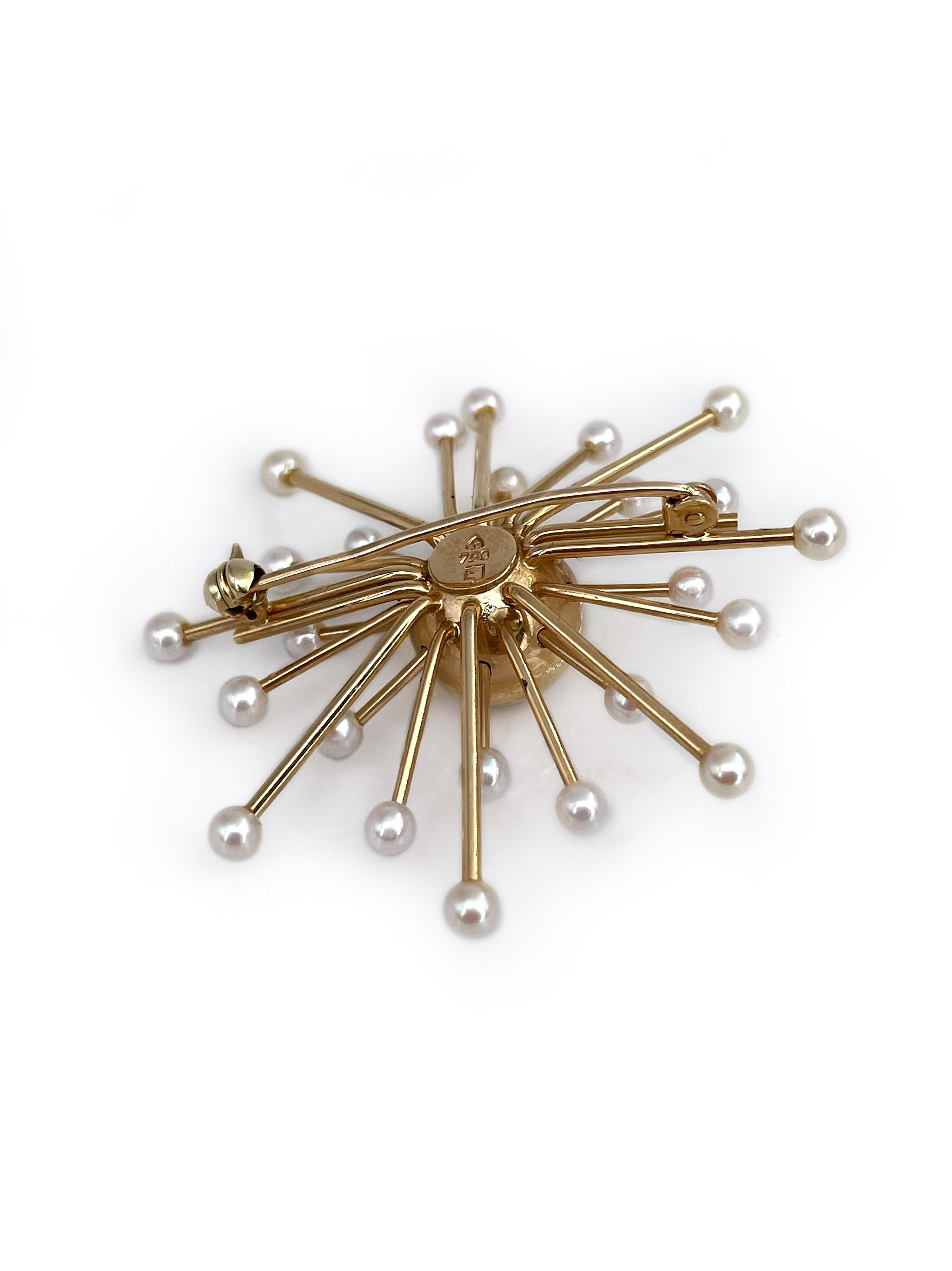 Uncut Mid Century 18 Karat Yellow Gold Pearl Starburst Pin Brooch