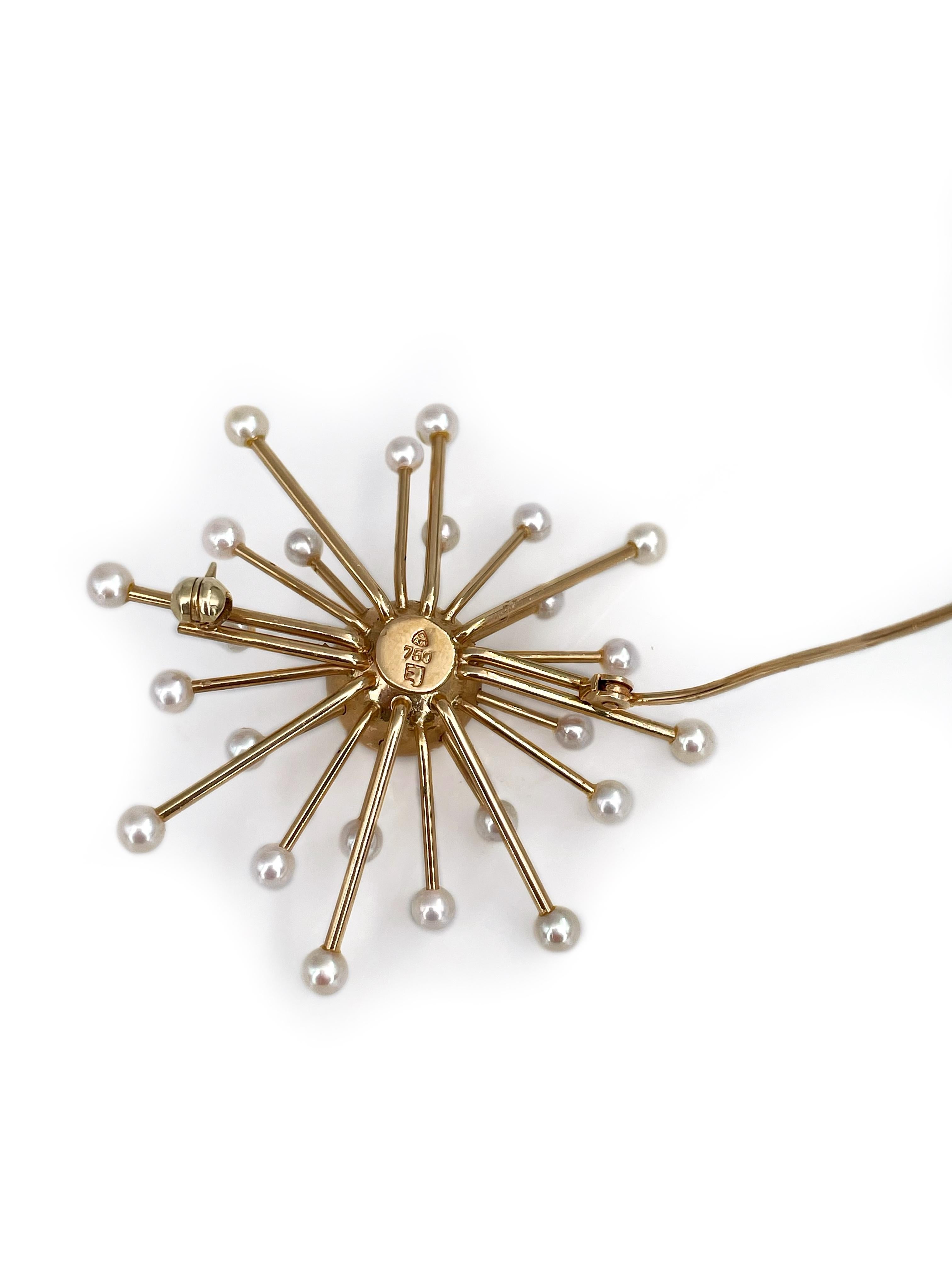 Mid Century 18 Karat Yellow Gold Pearl Starburst Pin Brooch In Good Condition In Vilnius, LT