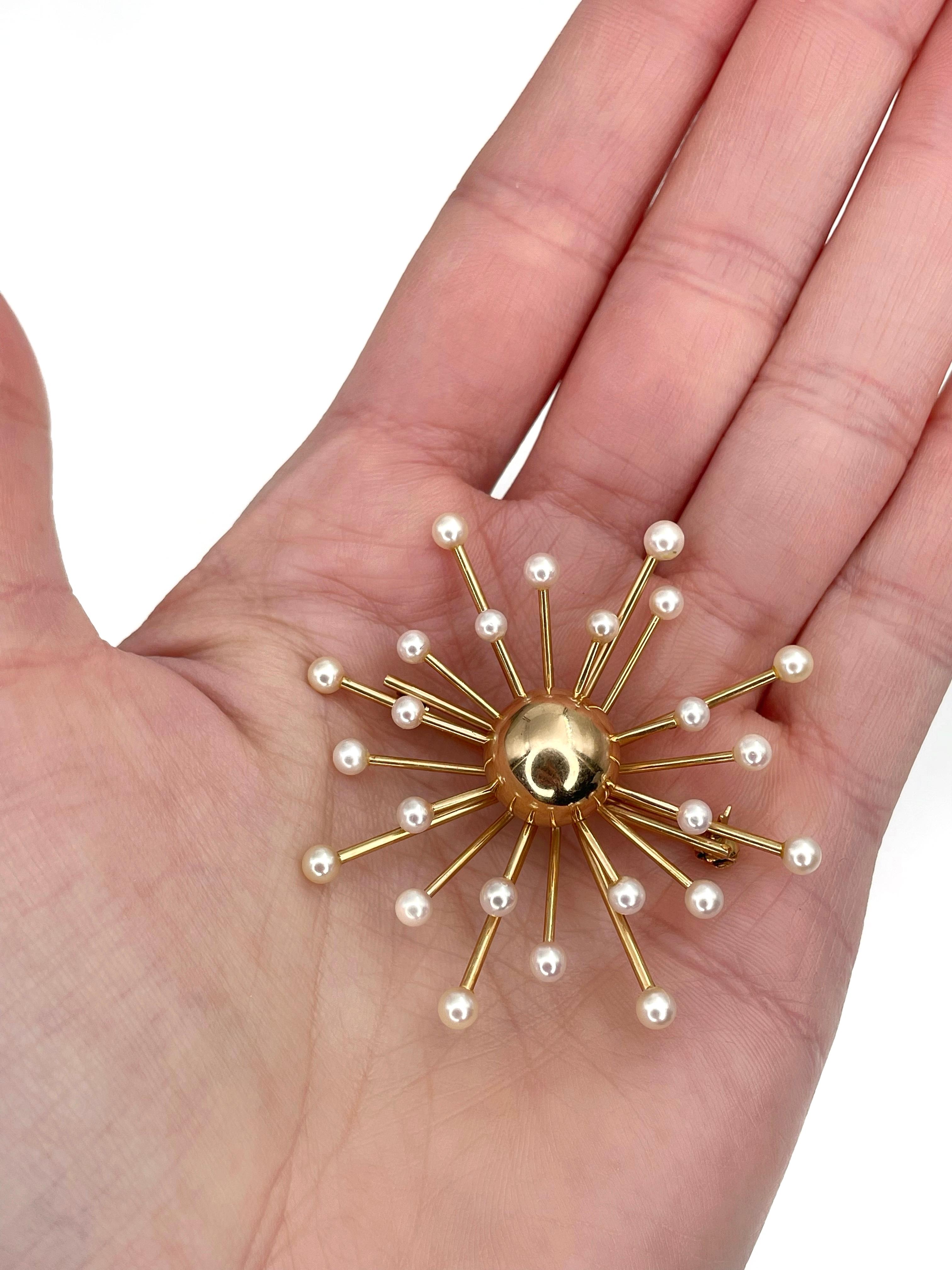 Women's Mid Century 18 Karat Yellow Gold Pearl Starburst Pin Brooch