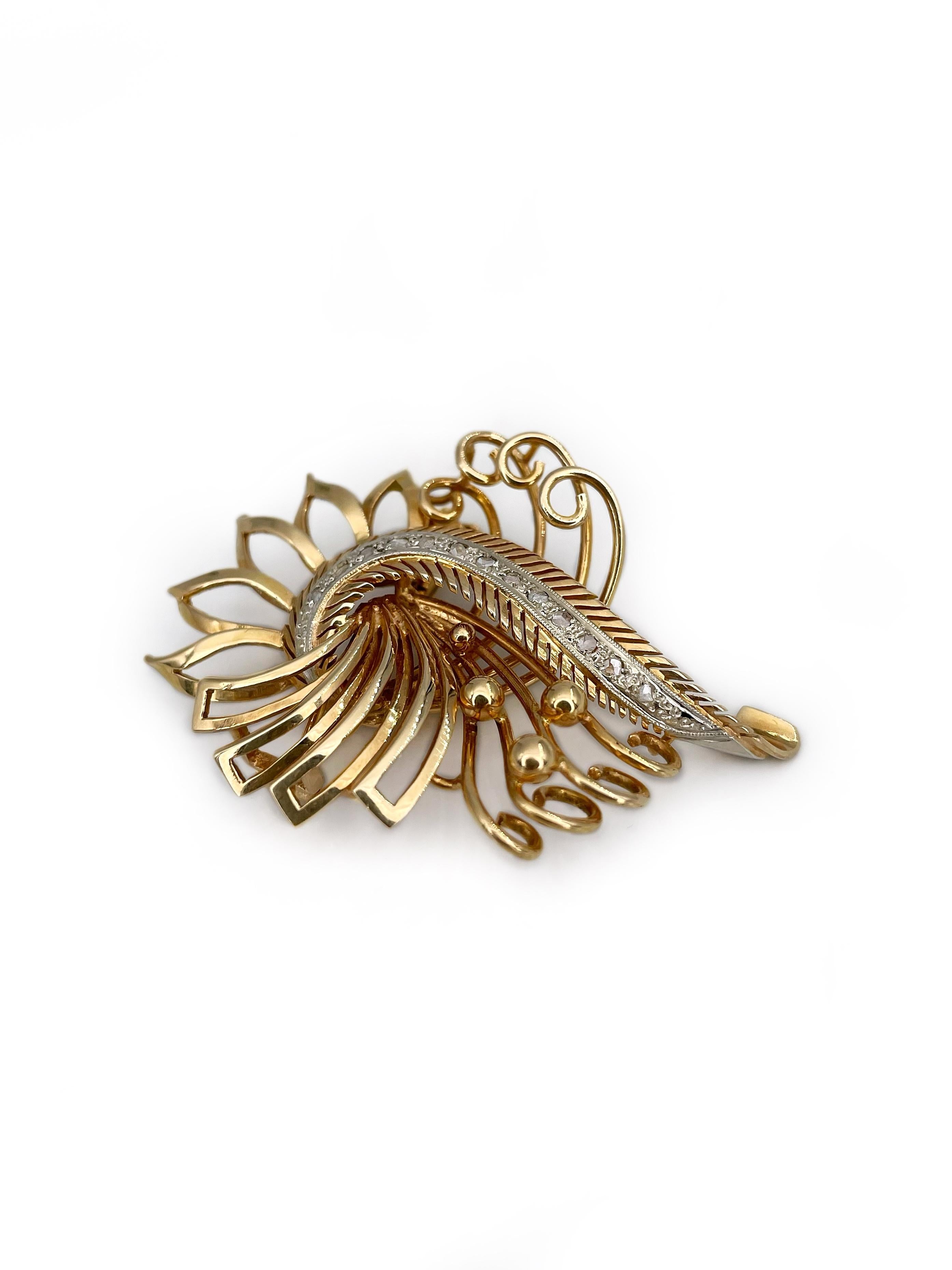 This is a mid century abstract design pin brooch crafted in 18K yellow gold. The piece features rose cut diamonds. Has a safe closure. 

Weight: 12.53g
Size: 5x3.5cm

———

If you have any questions, please feel free to ask. We describe our items