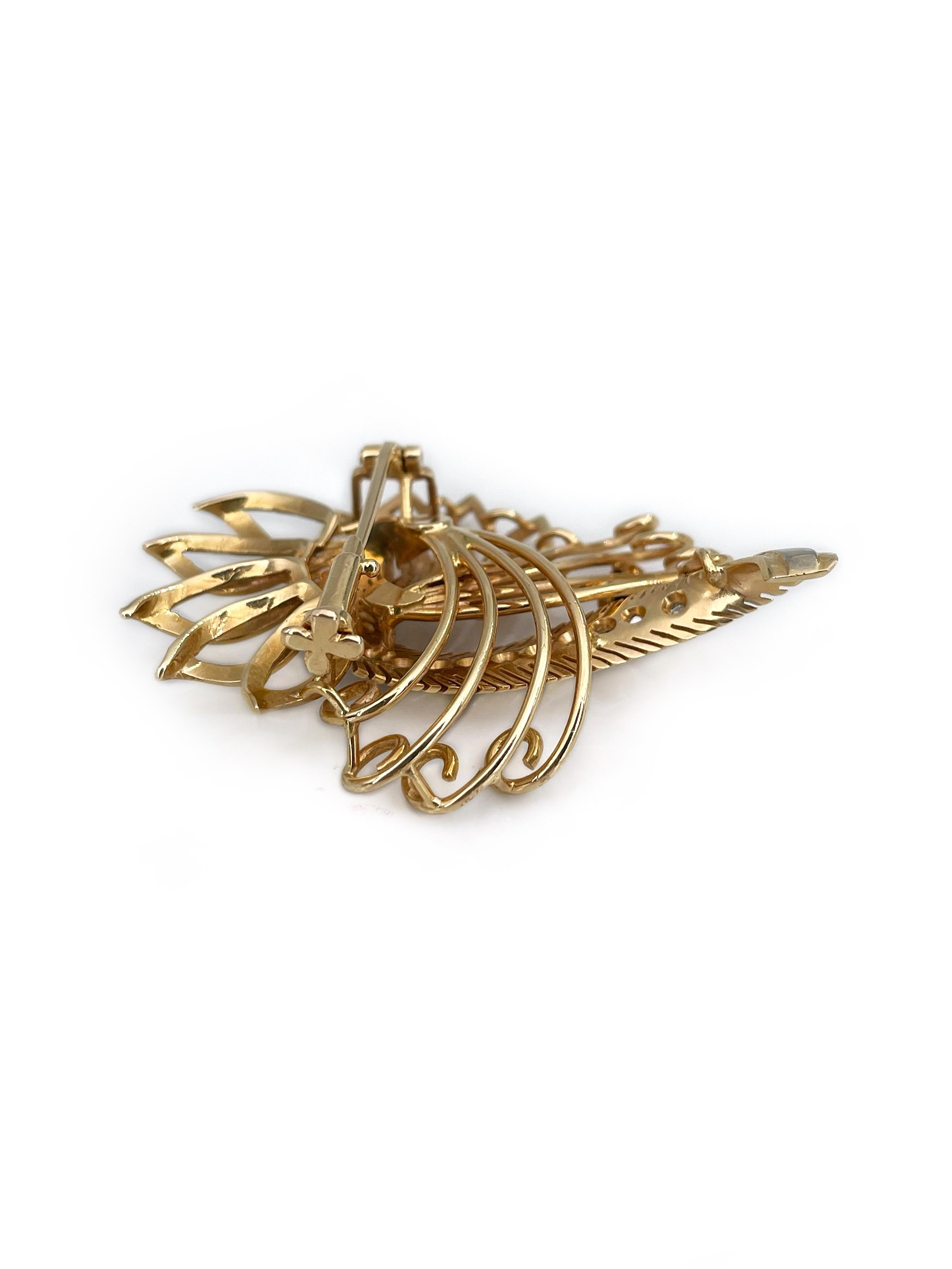 Modern Mid Century 18 Karat Yellow Gold Rose Cut Diamond Abstract Design Pin Brooch