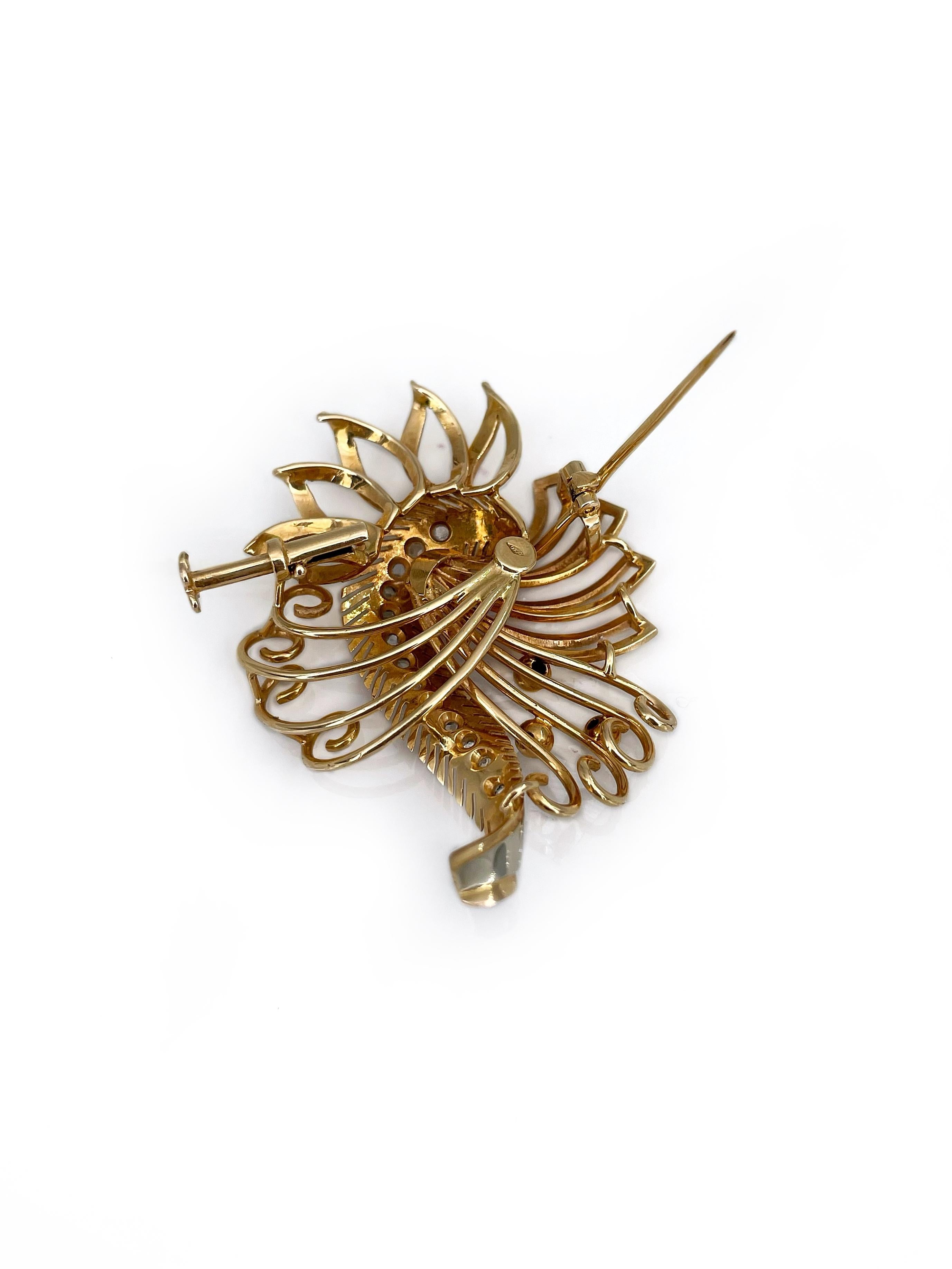 Mid Century 18 Karat Yellow Gold Rose Cut Diamond Abstract Design Pin Brooch In Good Condition In Vilnius, LT