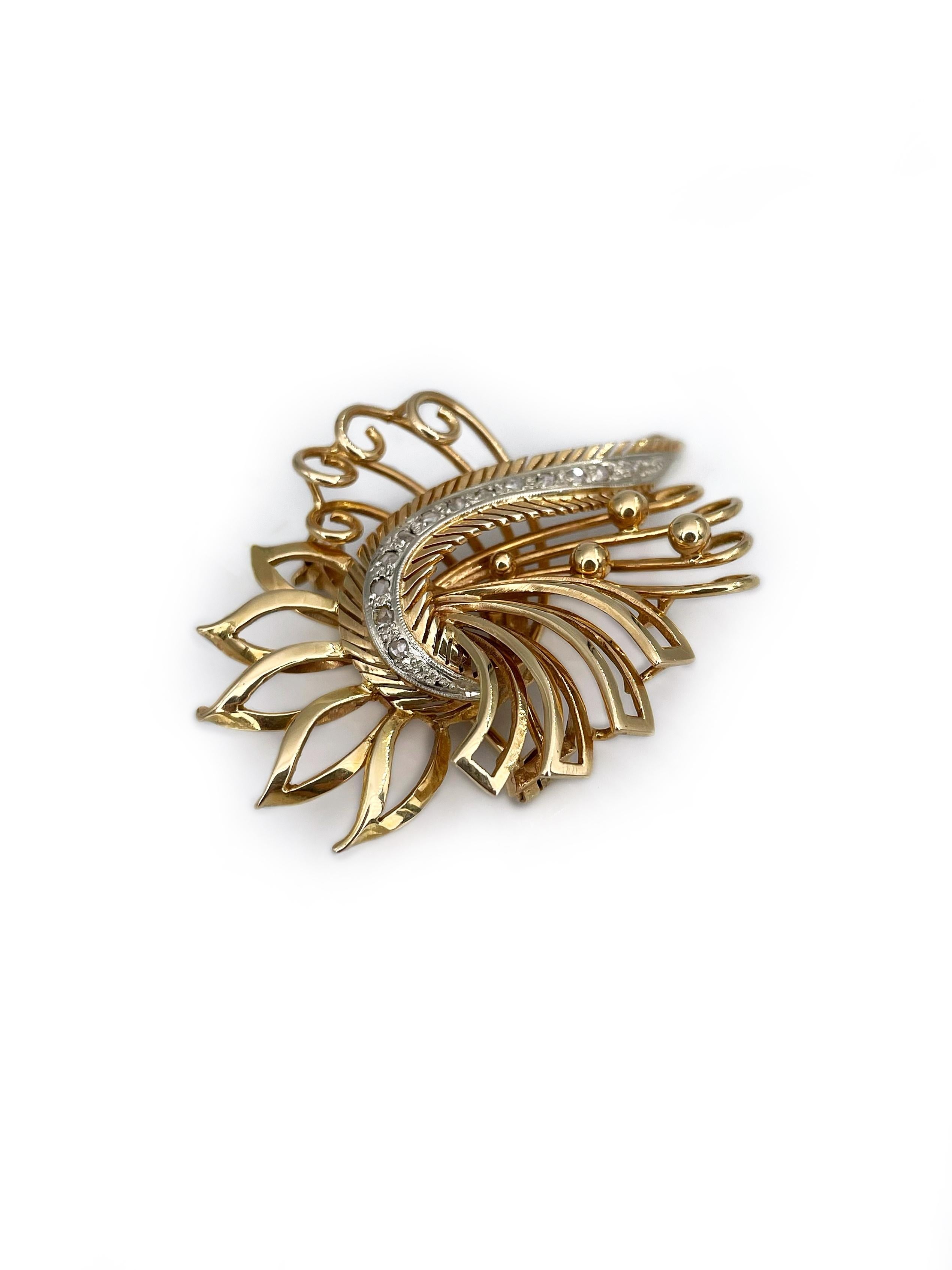 Women's or Men's Mid Century 18 Karat Yellow Gold Rose Cut Diamond Abstract Design Pin Brooch