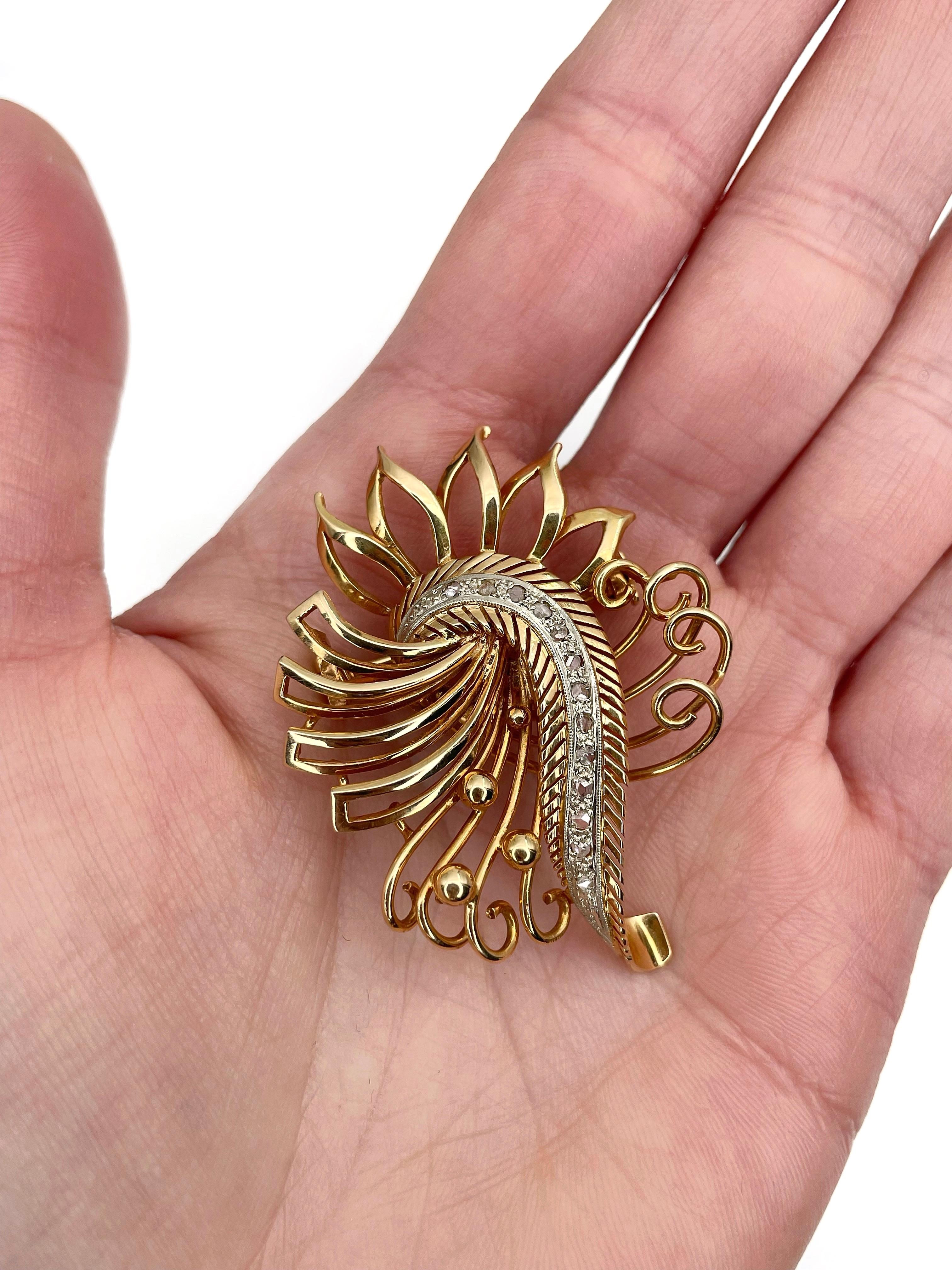 Mid Century 18 Karat Yellow Gold Rose Cut Diamond Abstract Design Pin Brooch 1