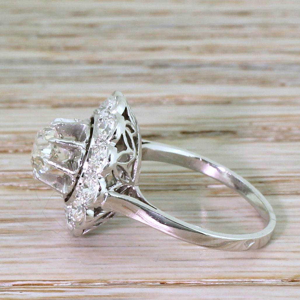 Old Mine Cut Midcentury 1.83 Carat Old Cut Diamond Platinum Cluster Ring For Sale