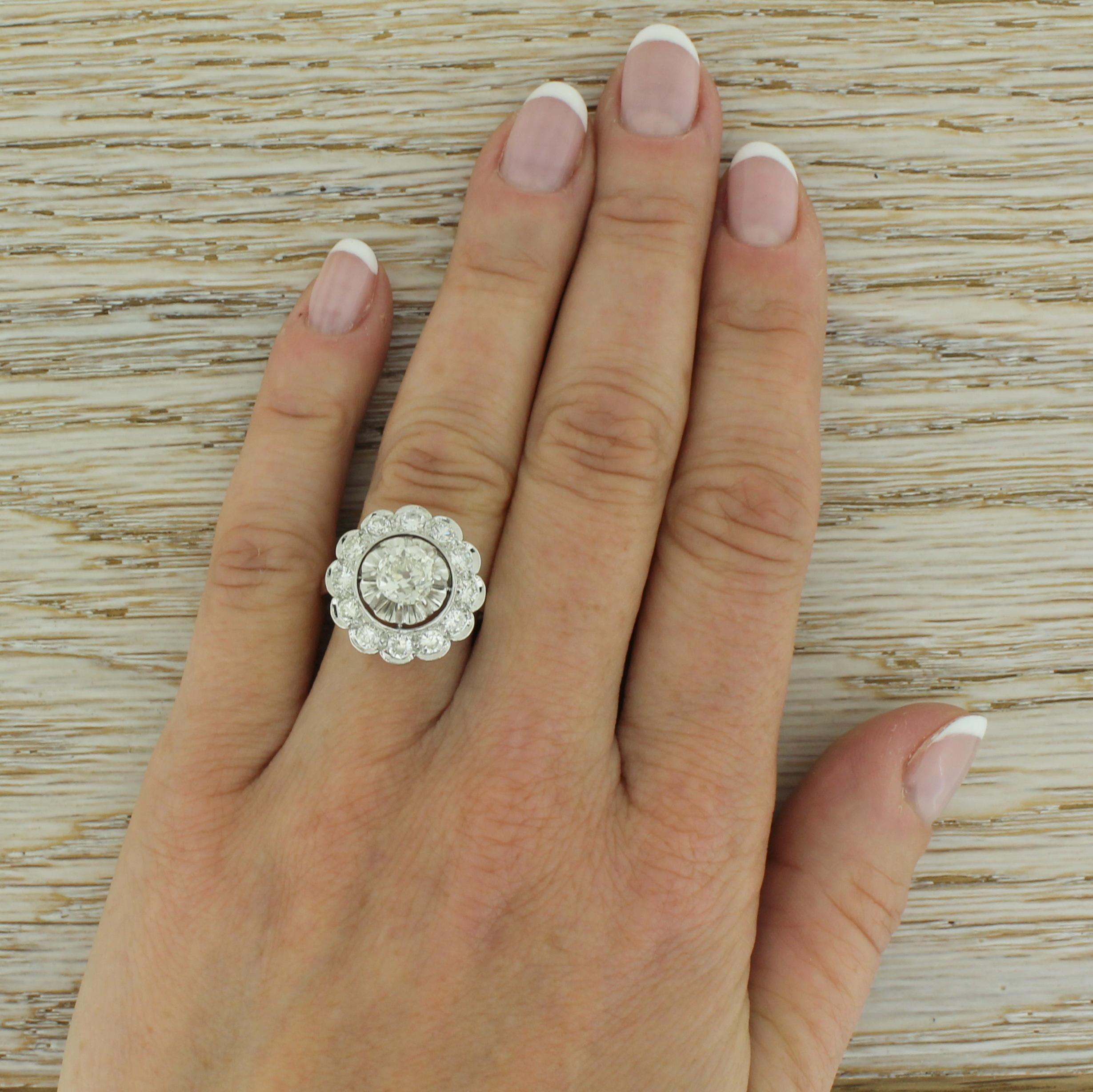Women's or Men's Midcentury 1.83 Carat Old Cut Diamond Platinum Cluster Ring For Sale