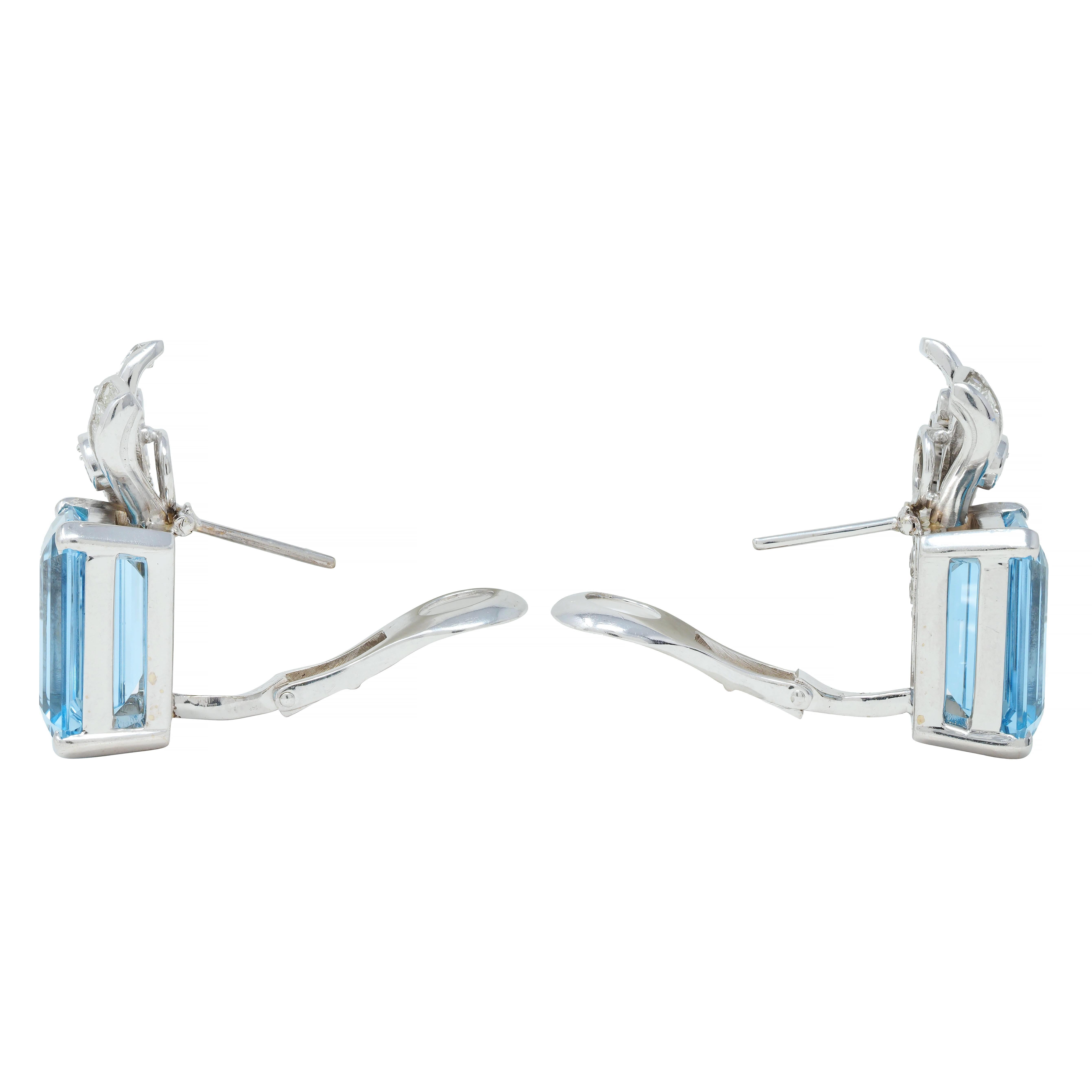 Women's or Men's Mid-Century 18.44 CTW Aquamarine Diamond Platinum 14 Karat Gold Vintage Earrings For Sale