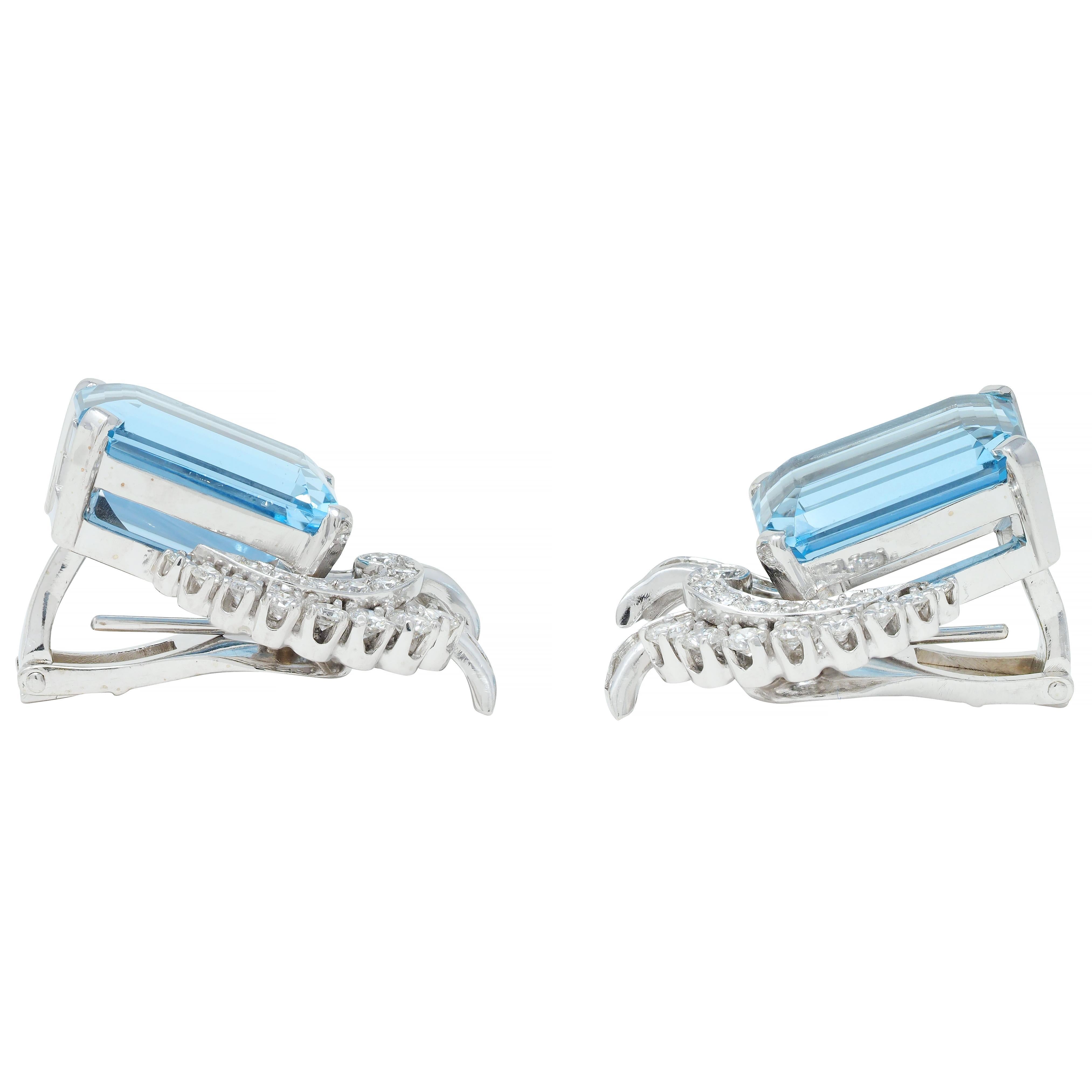 Mid-Century 18.44 CTW Aquamarine Diamond Platinum 14 Karat Gold Vintage Earrings For Sale 2