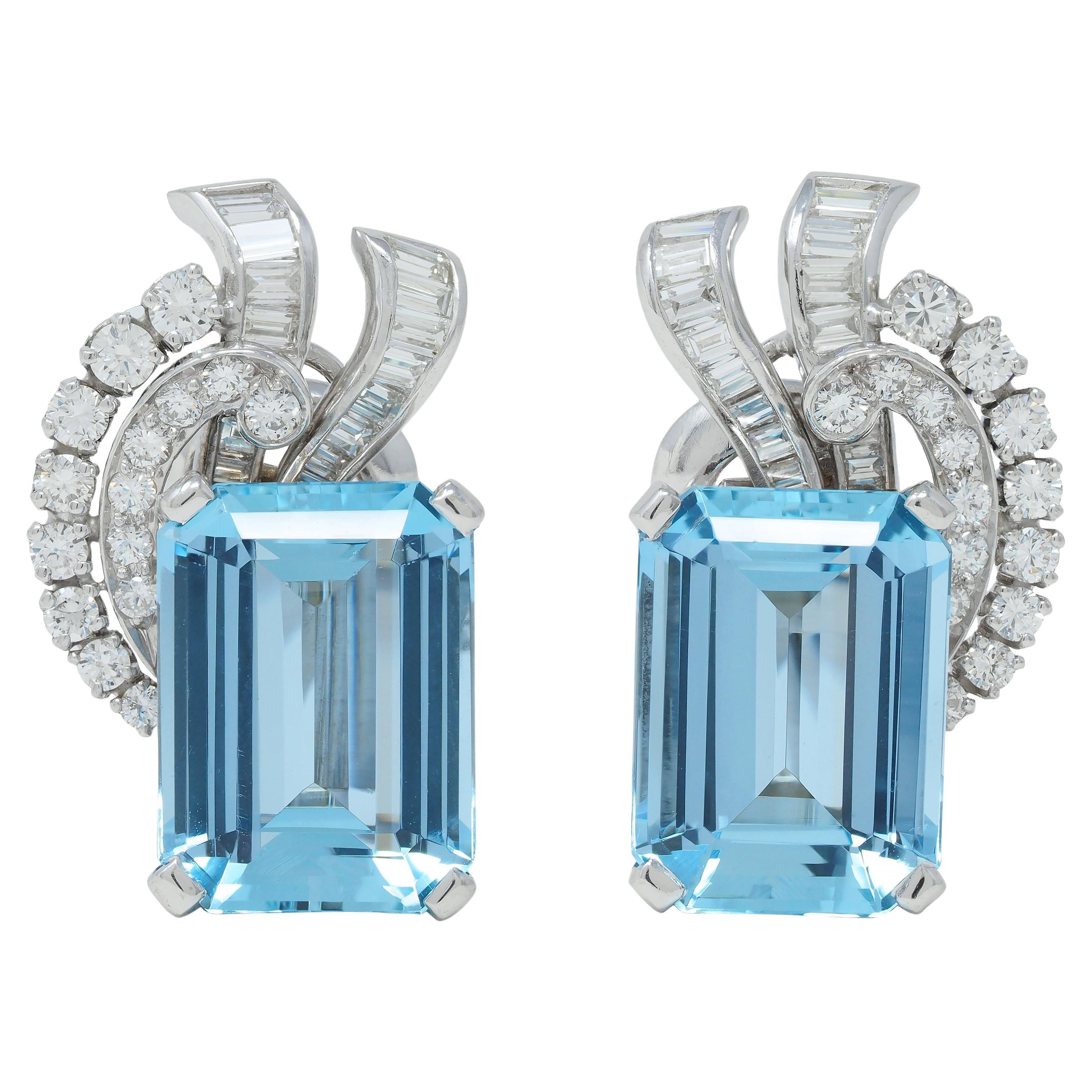 Mid-Century 18.44 CTW Aquamarine Diamond Platinum 14 Karat Gold Vintage Earrings