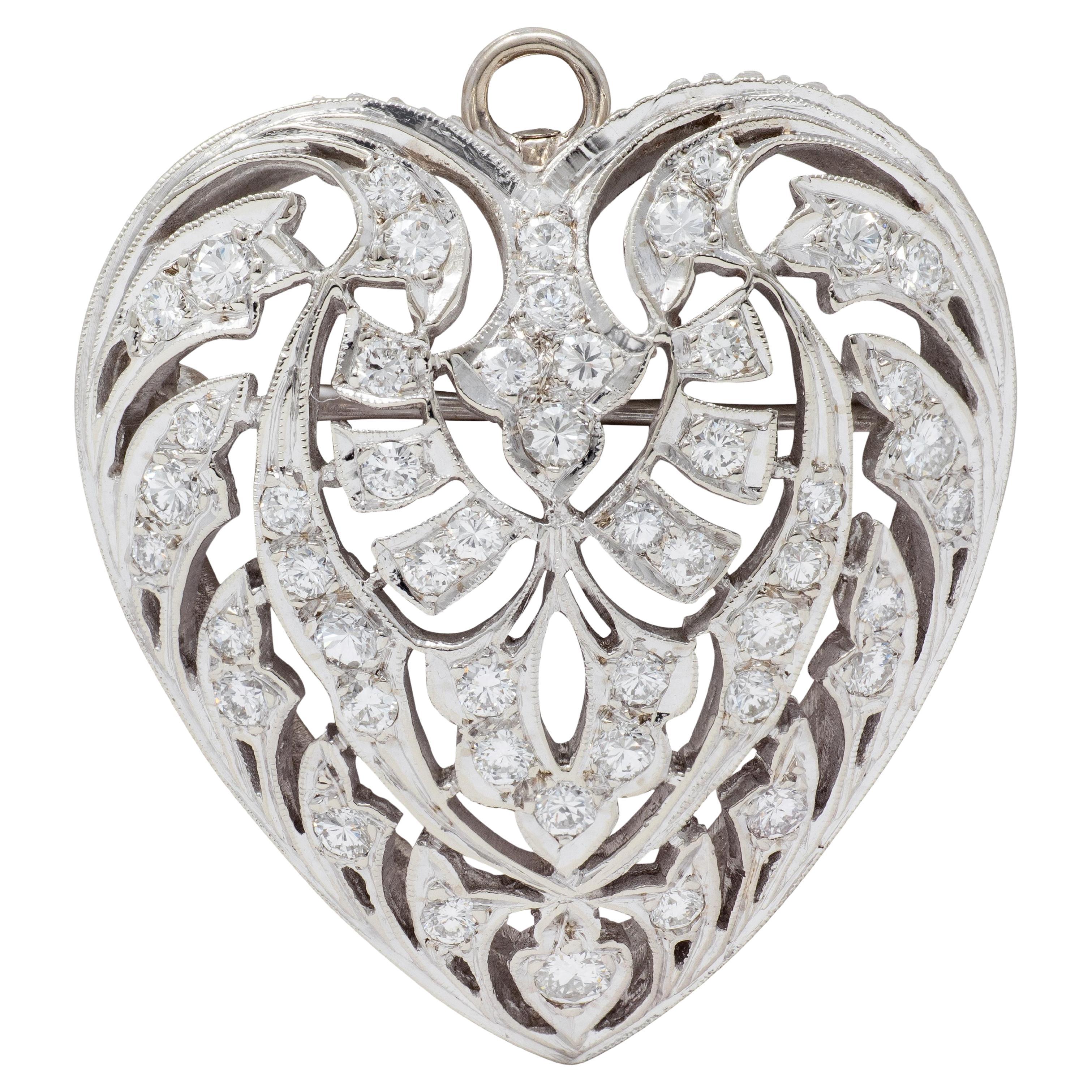 Mid-Century 1.85 CTW Diamond 14 Karat White Gold Vintage Heart Pendant Brooch For Sale