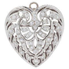 Mid-Century 1.85 CTW Diamond 14 Karat White Gold Vintage Heart Pendant Brooch