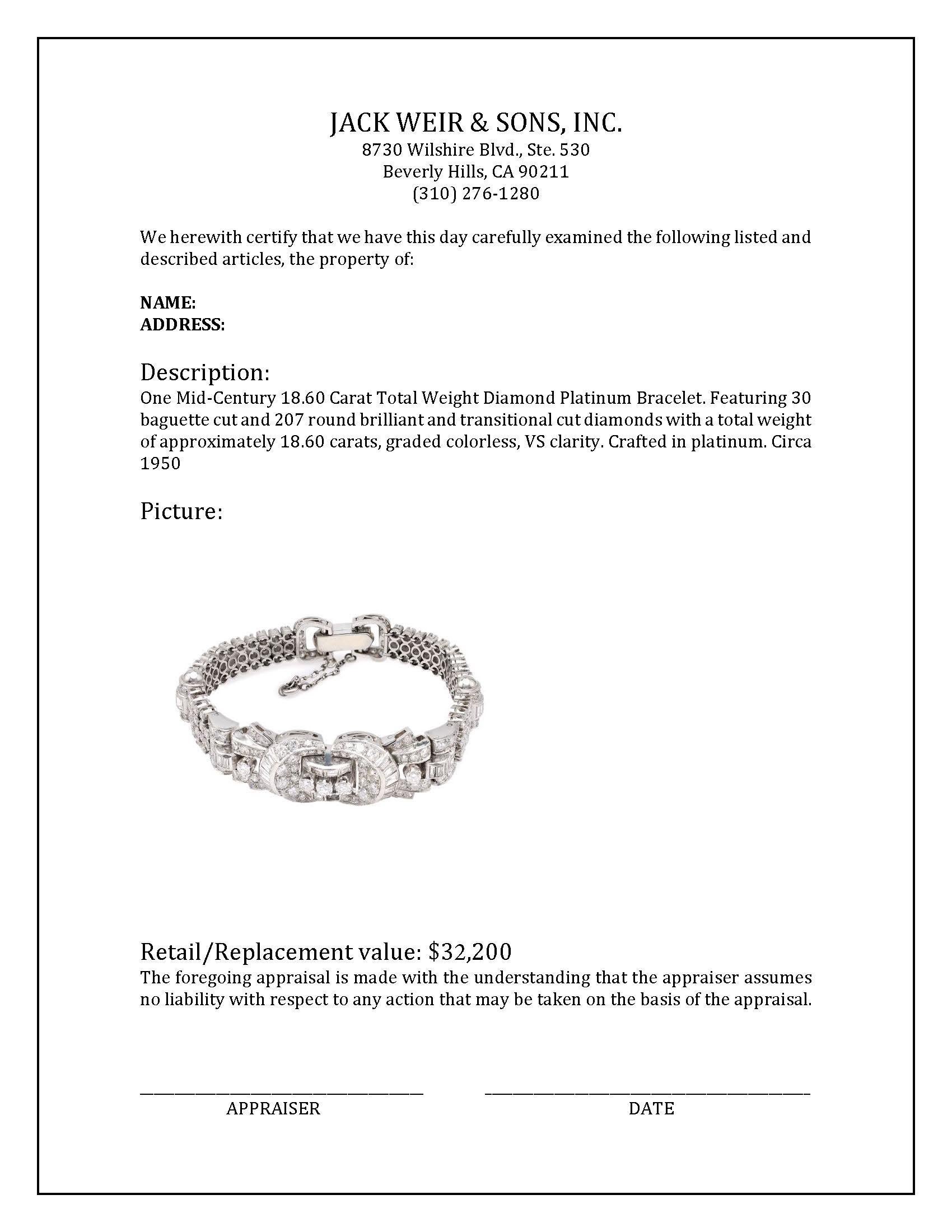 Mid-Century 18.60 Carat Total Weight Diamond Platinum Bracelet 1