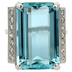 Midcentury 18.82 Carats Aquamarine Diamond Platinum Cocktail Ring
