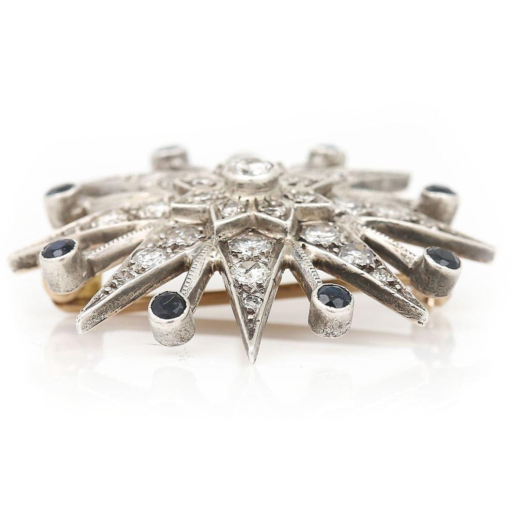 Brilliant Cut Mid Century 18ct Gold 1.80ct Diamond and Sapphire Star Brooch and Pendant