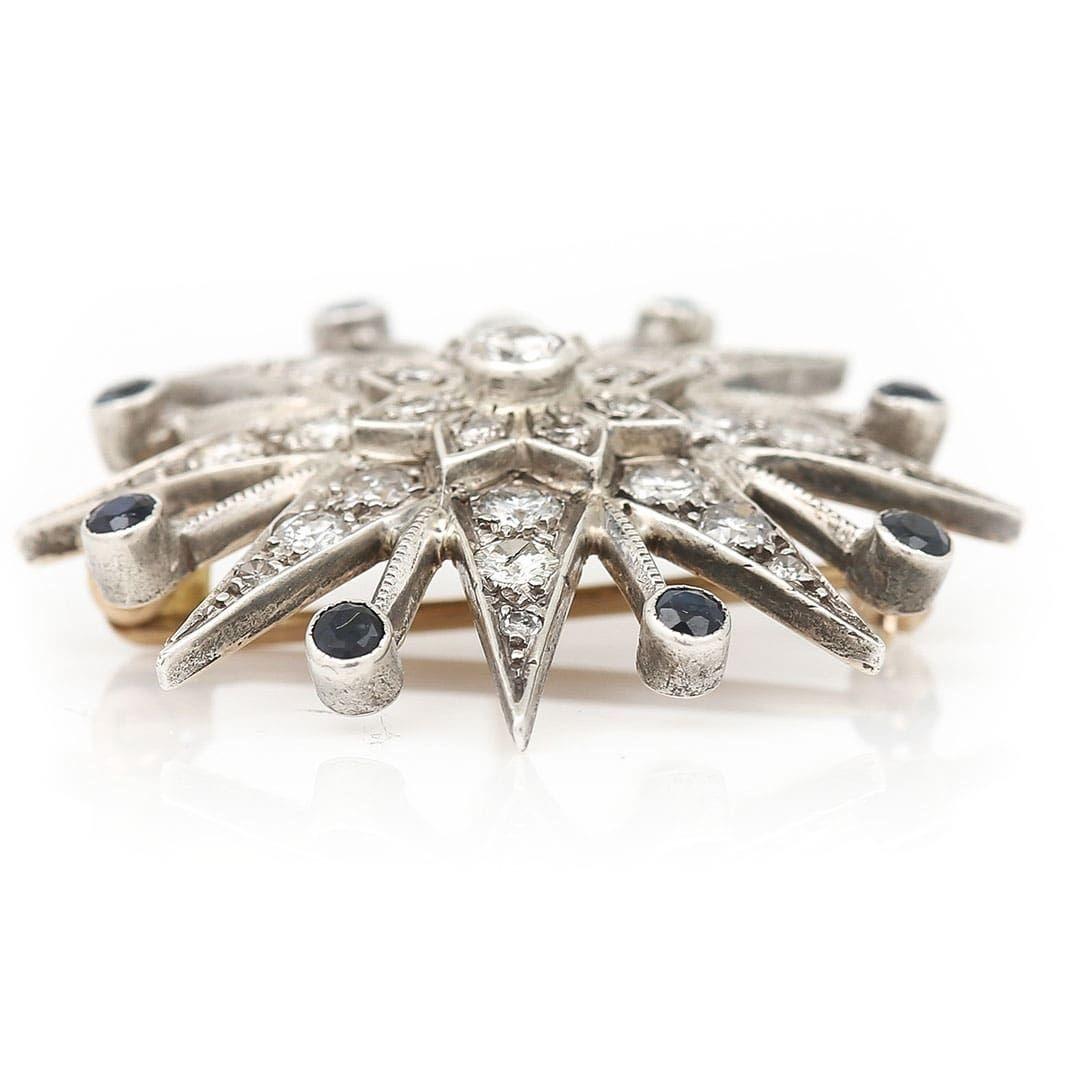Taille brillant Broche et pendentif étoile en or 18ct avec 1,80ct de diamant et saphir, datant du milieu du siècle dernier
