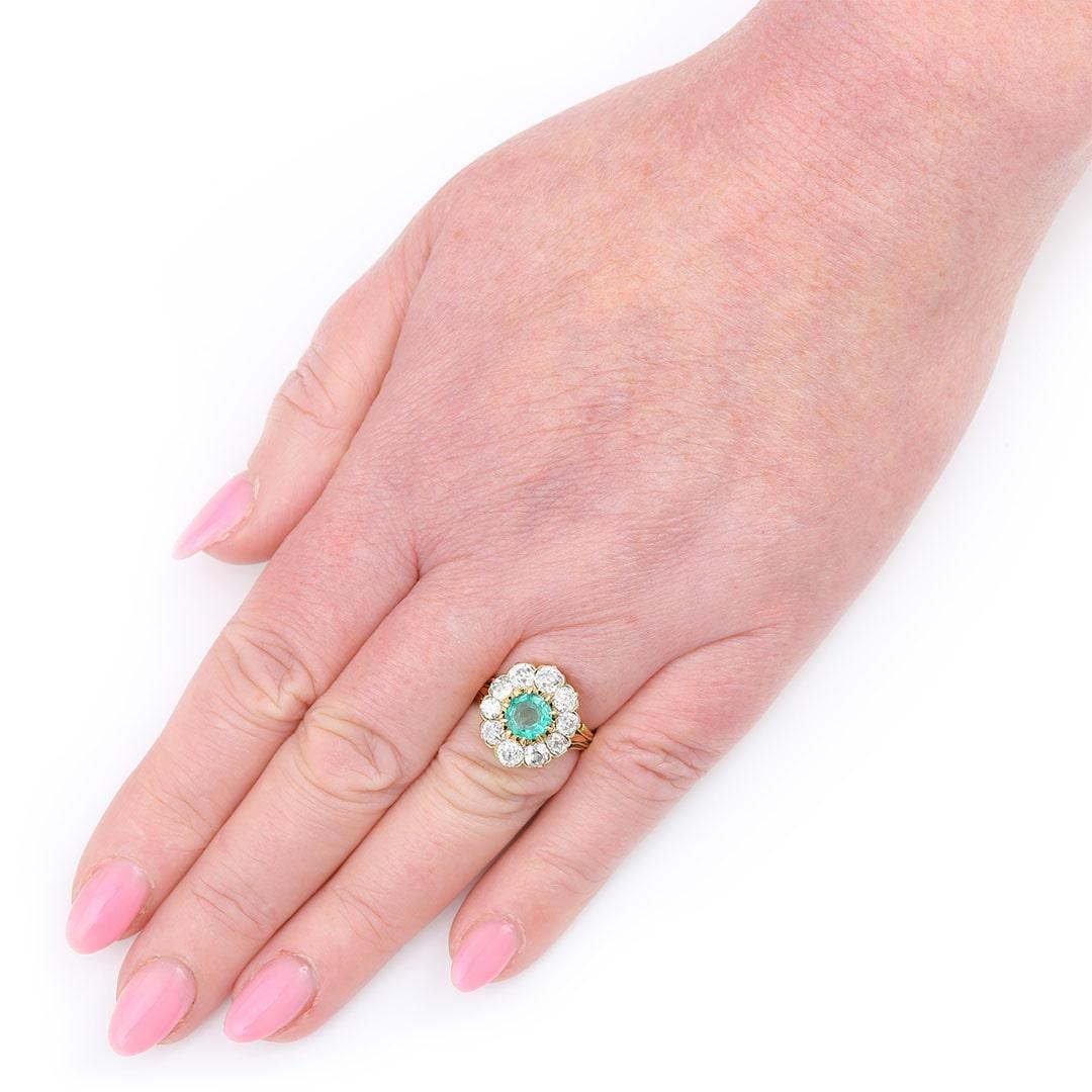 Midcentury 18ct Gold 2.7ct Emerald and 3.2ct Old Cut Diamond Cluster Ring 4