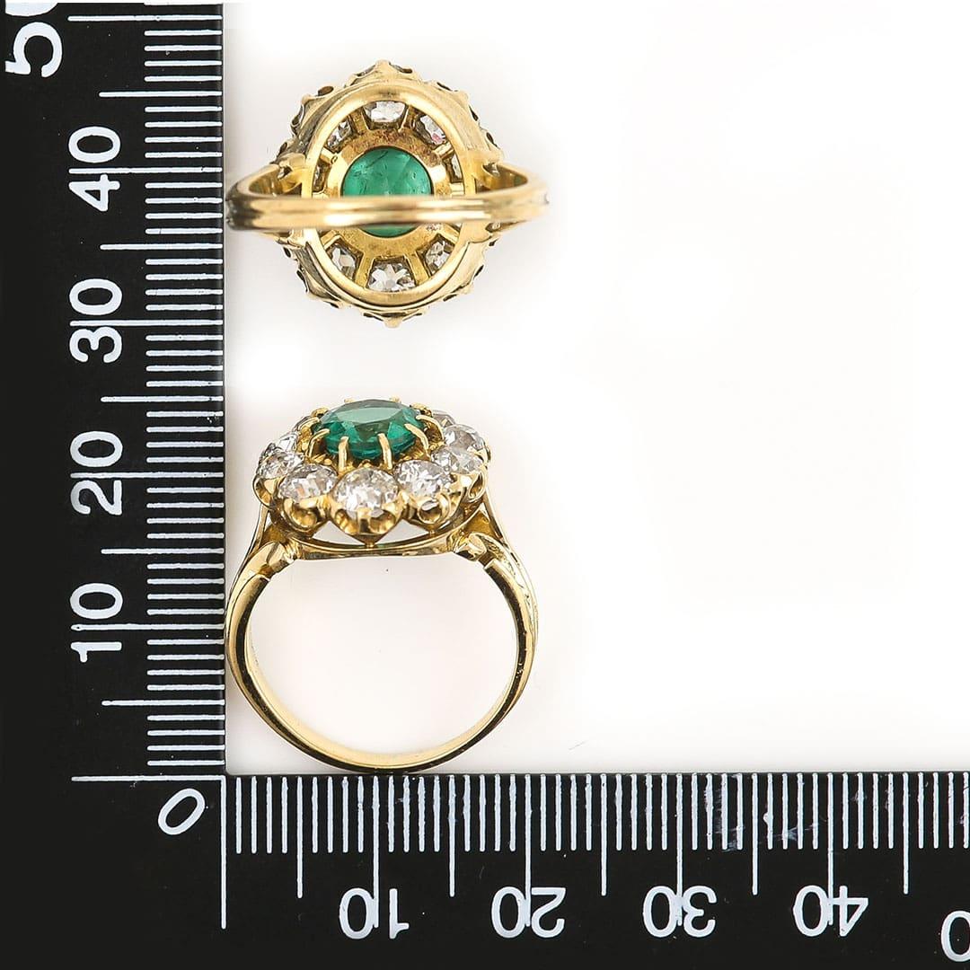 Midcentury 18ct Gold 2.7ct Emerald and 3.2ct Old Cut Diamond Cluster Ring 7