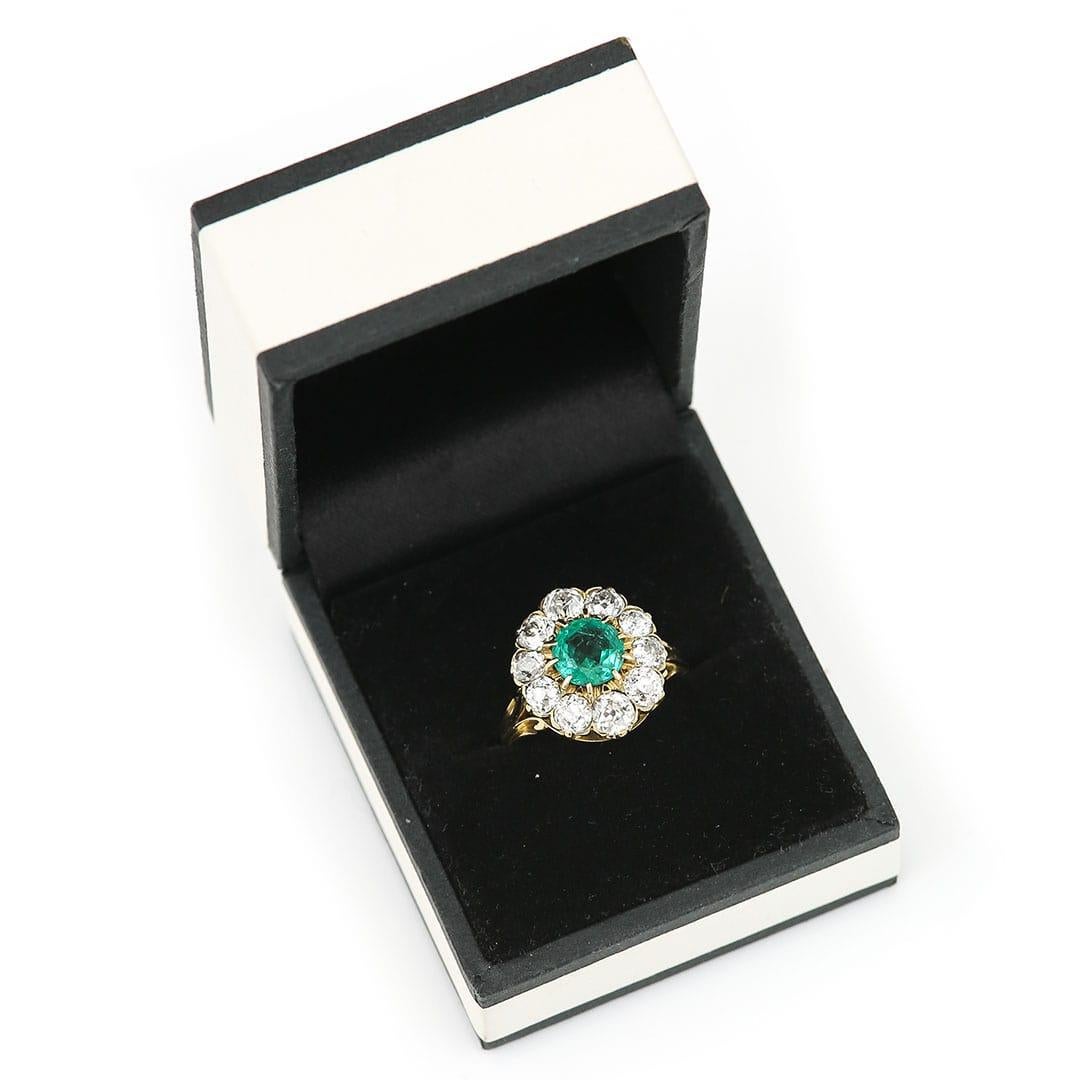 Midcentury 18ct Gold 2.7ct Emerald and 3.2ct Old Cut Diamond Cluster Ring 8