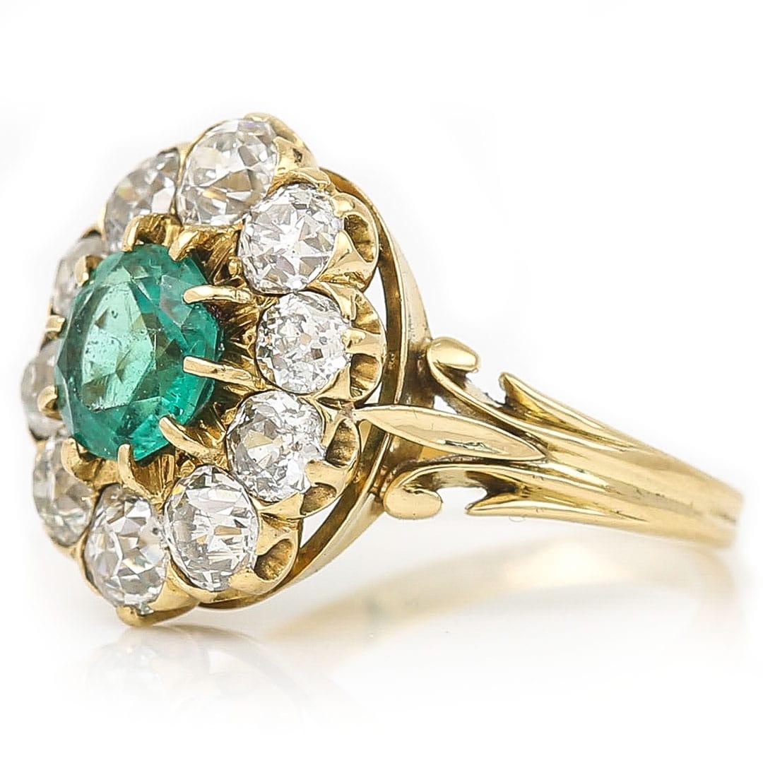 Retro Midcentury 18ct Gold 2.7ct Emerald and 3.2ct Old Cut Diamond Cluster Ring