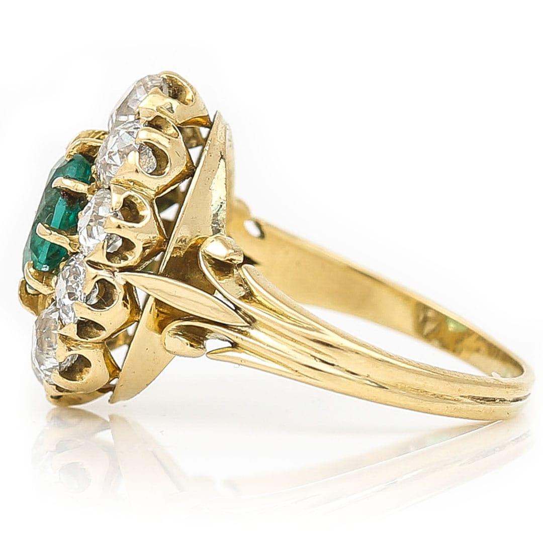 Old Mine Cut Midcentury 18ct Gold 2.7ct Emerald and 3.2ct Old Cut Diamond Cluster Ring