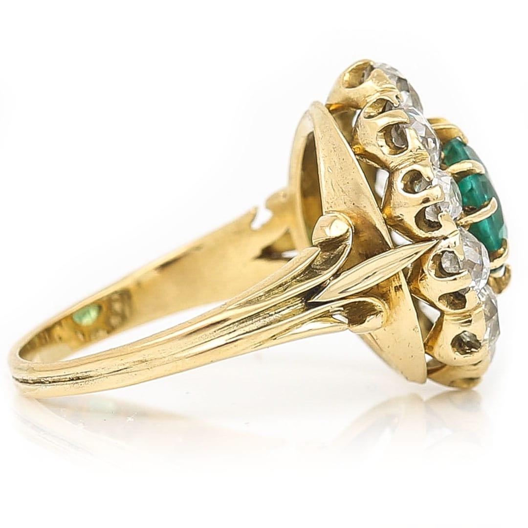 Women's Midcentury 18ct Gold 2.7ct Emerald and 3.2ct Old Cut Diamond Cluster Ring