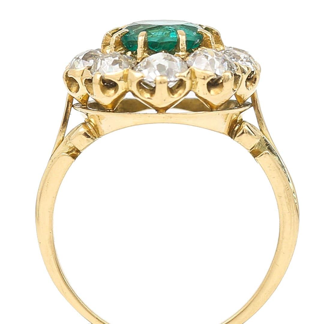 Midcentury 18ct Gold 2.7ct Emerald and 3.2ct Old Cut Diamond Cluster Ring 3