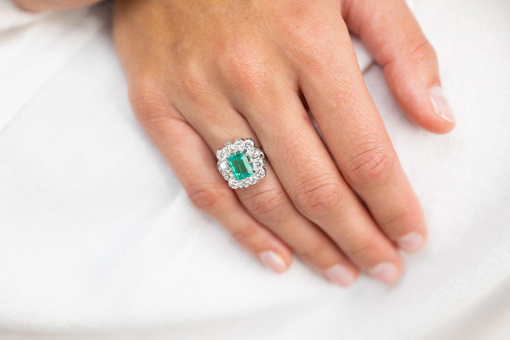 Midcentury, 18 Carat White Gold, Colombian Emerald and Diamond Cluster Ring 1