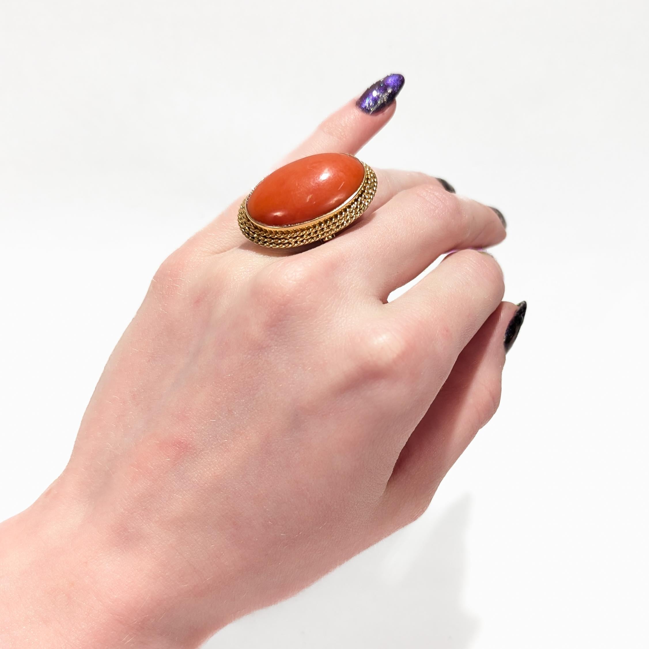 Mid-Century 18K Gold & 24.5 Ct Japanese Red Orange Coral Cabochon Cocktail Ring For Sale 6