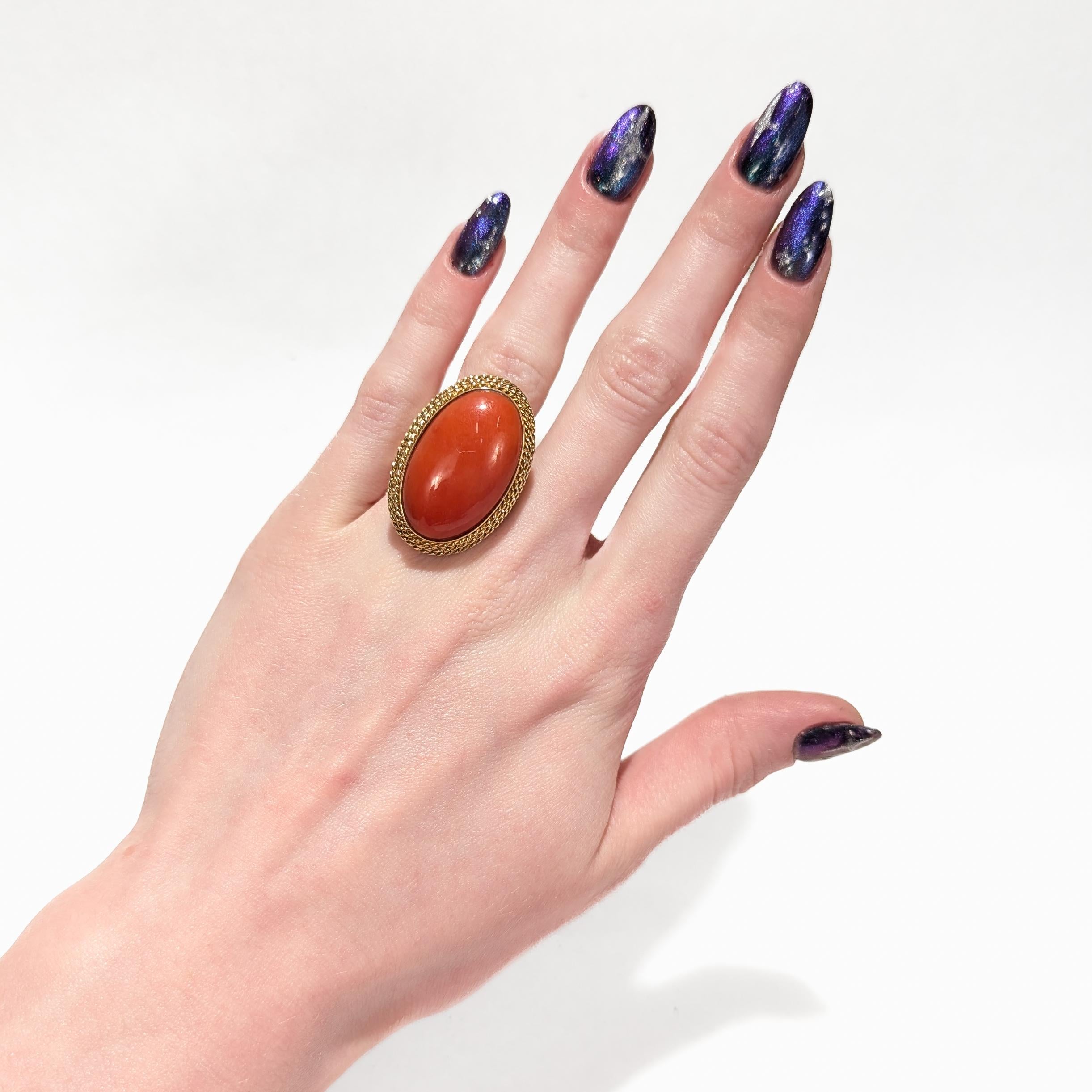 Mid-Century 18K Gold & 24.5 Ct Japanese Red Orange Coral Cabochon Cocktail Ring In Good Condition For Sale In Philadelphia, PA