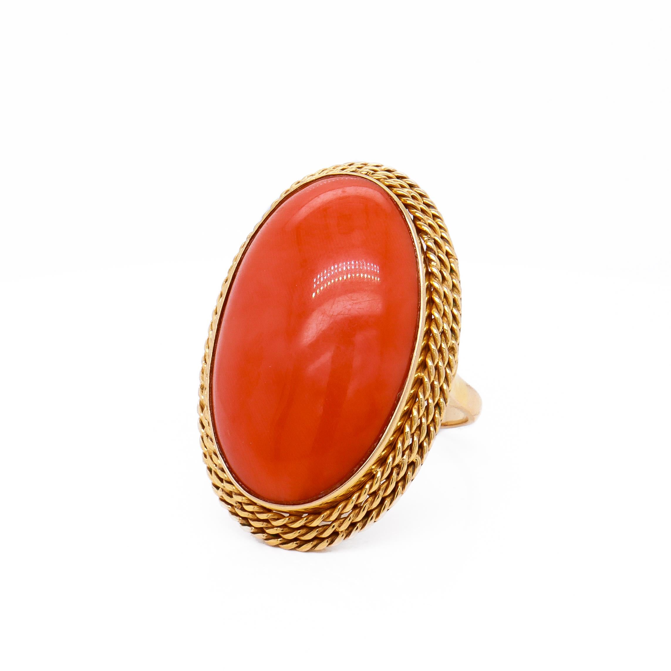 Women's Mid-Century 18K Gold & 24.5 Ct Japanese Red Orange Coral Cabochon Cocktail Ring For Sale