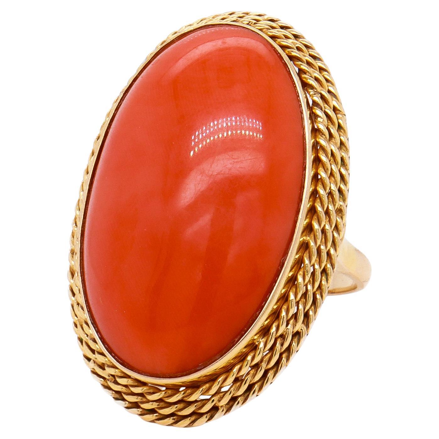 Mid-Century 18K Gold & 24.5 Ct Japanese Red Orange Coral Cabochon Cocktail Ring For Sale