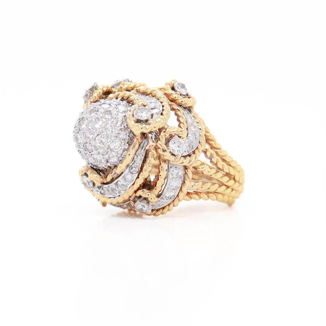 Round Cut Mid-Century 18K Gold & 2.85ct Diamond Domed Cocktail Ring For Sale