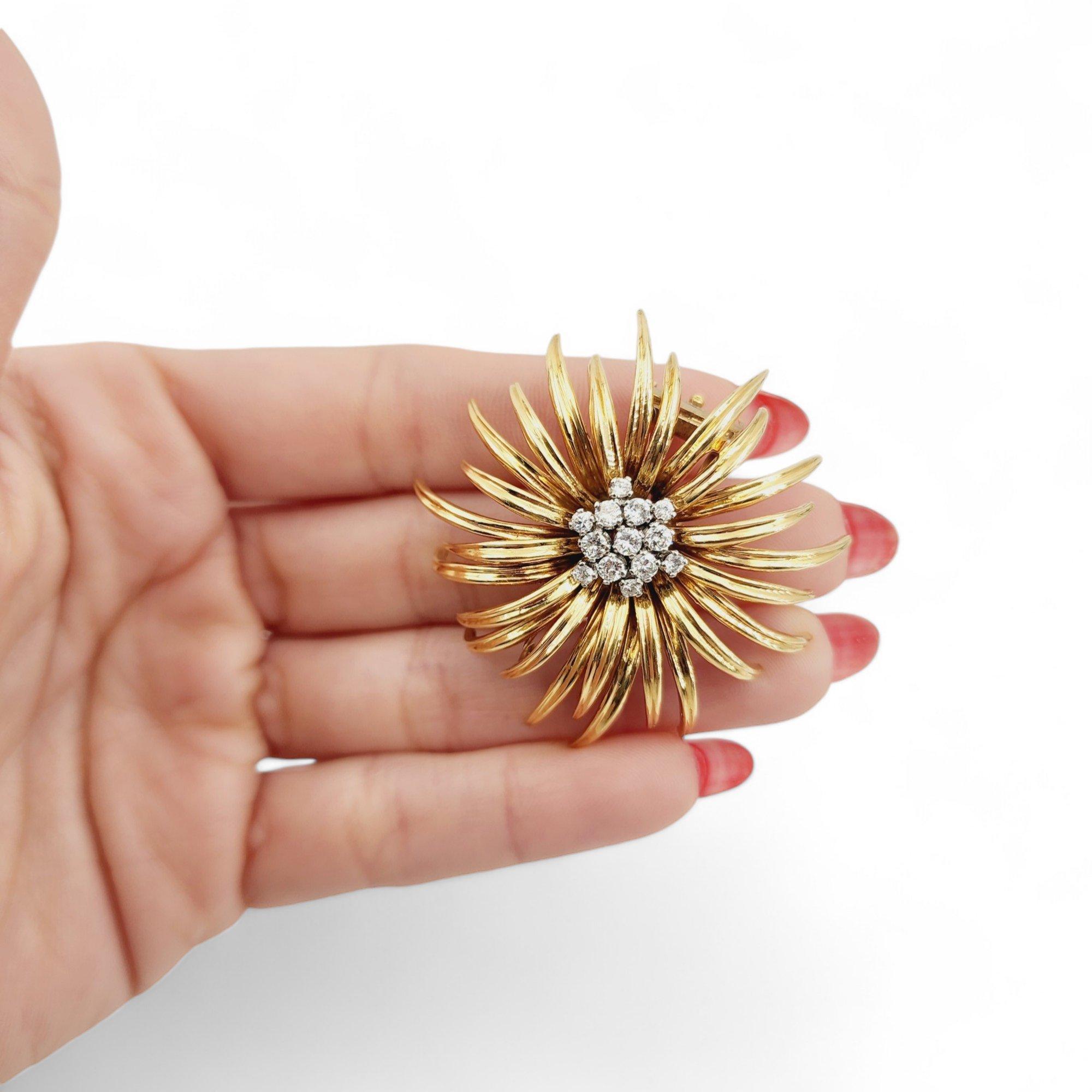 Mid-century suite of Clip-on Earrings and Brooch crafted in 18k yellow Gold, featuring 27 Round brilliant cut Diamonds weighing approximately 2.05 carats. G-H color, VS1 clarity. Suited at the reverse with omega backs. 
 
Step into the glamour of