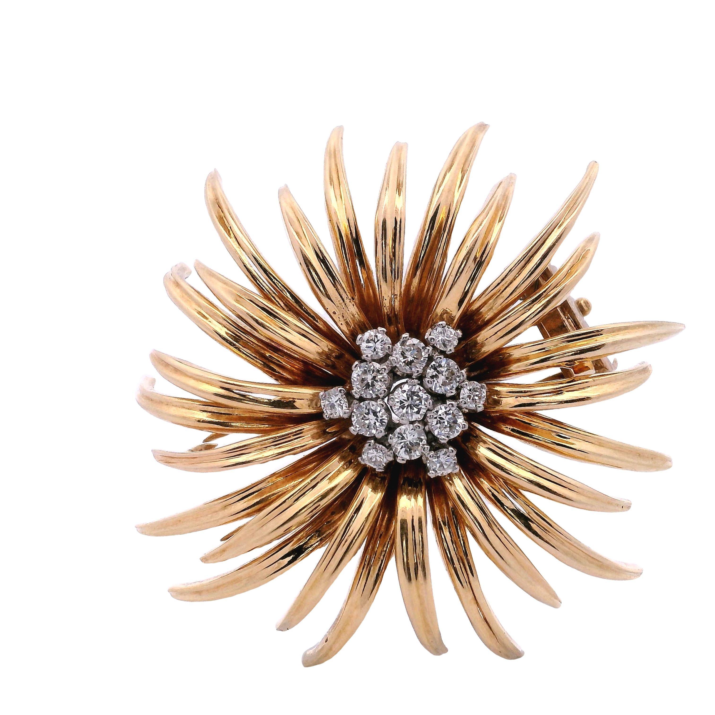 Modernist Mid-century 18k Gold Clip-on Earrings and Brooch with 2.05 Cts in Diamonds