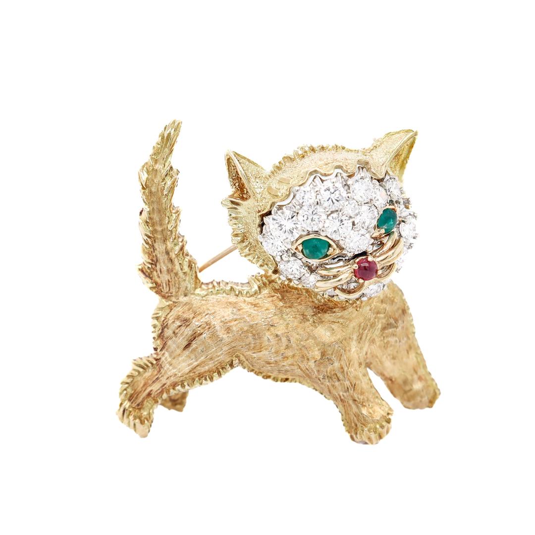Modern Mid-Century 18k Gold, Diamond, Emerald, & Ruby Figural Cat Brooch For Sale