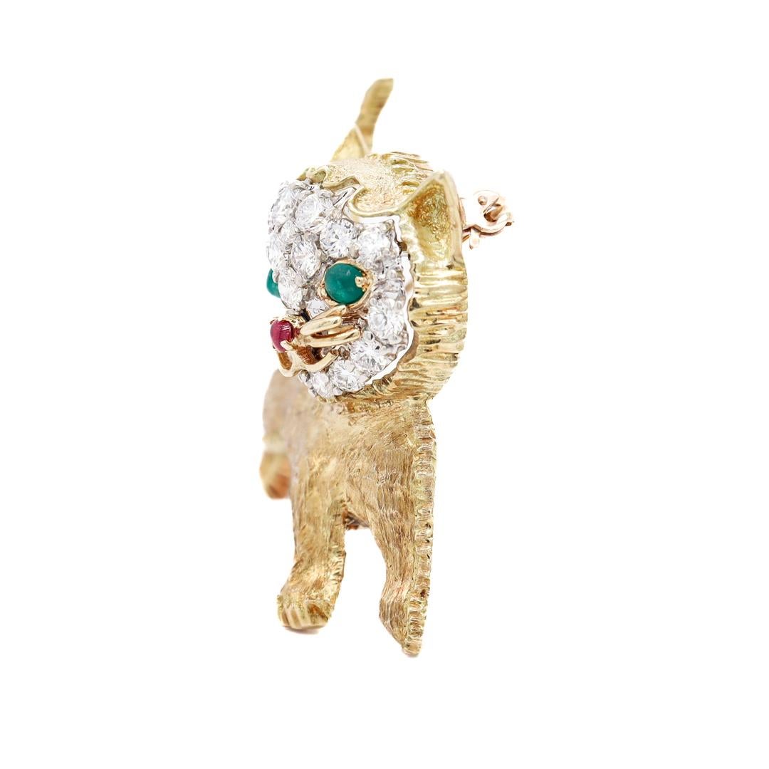 Round Cut Mid-Century 18k Gold, Diamond, Emerald, & Ruby Figural Cat Brooch For Sale