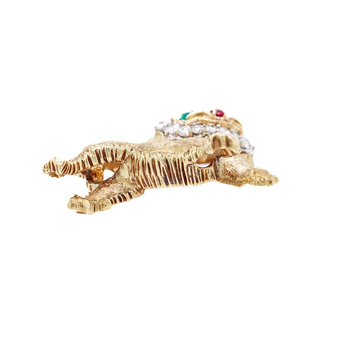 Women's Mid-Century 18k Gold, Diamond, Emerald, & Ruby Figural Cat Brooch For Sale