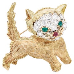 Retro Mid-Century 18k Gold, Diamond, Emerald, & Ruby Figural Cat Brooch