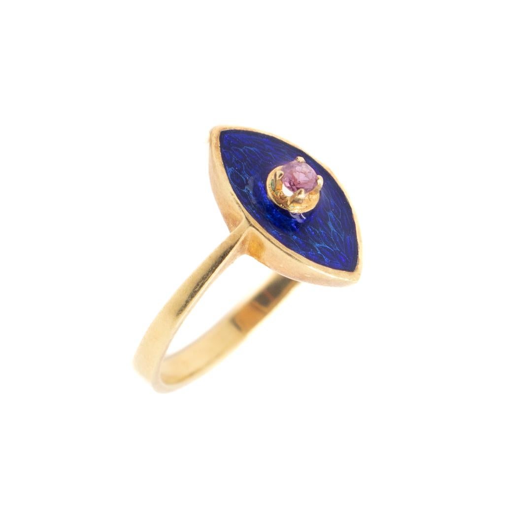 Modern Mid-Century 18k Gold, Enamel, and Ruby Italian Cocktail Ring For Sale