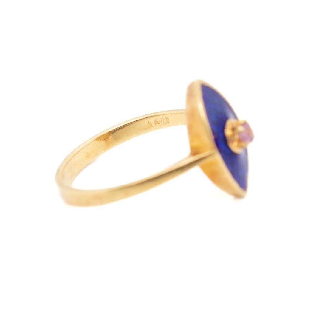 Mid-Century 18k Gold, Enamel, and Ruby Italian Cocktail Ring For Sale 3