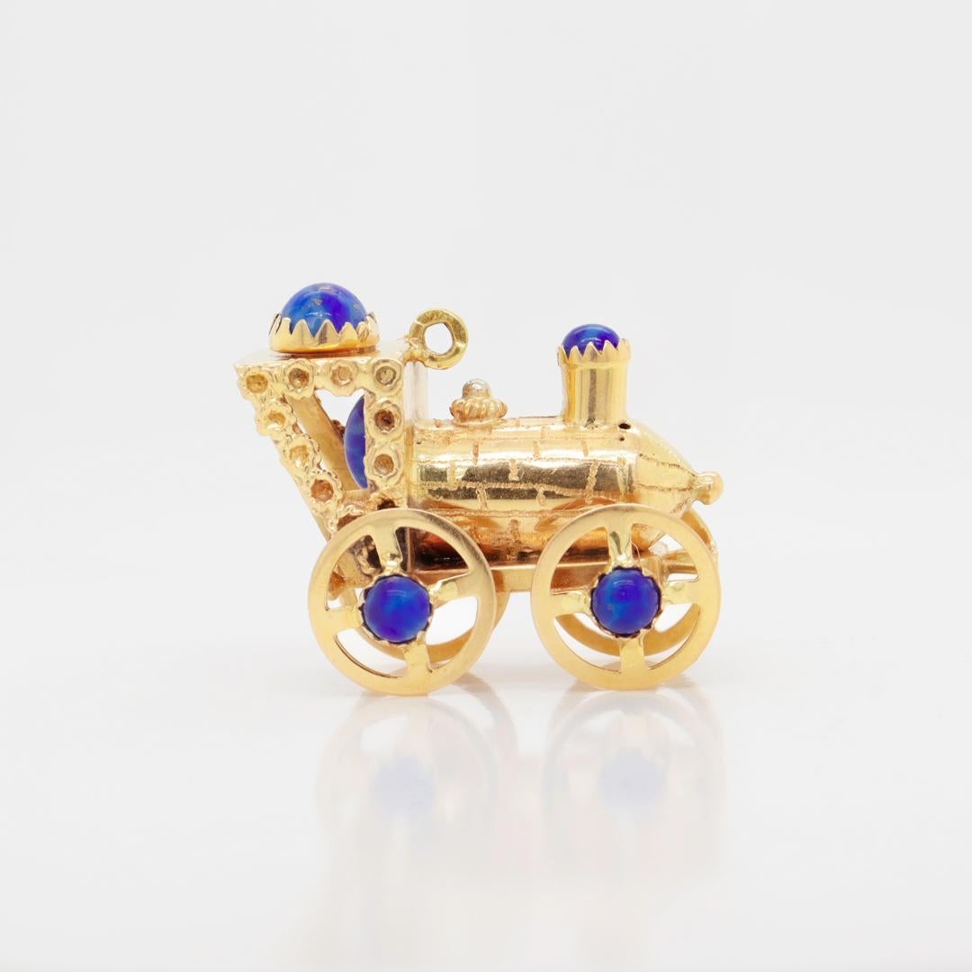 Mid-Century 18k Gold & Lapis Lazuli Steam Engine Train Charm or Pendant In Good Condition For Sale In Philadelphia, PA