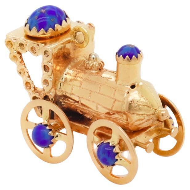 Mid-Century 18k Gold & Lapis Lazuli Steam Engine Train Charm or Pendant