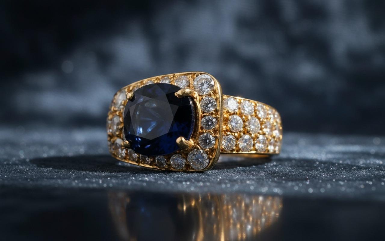 Anello di metà secolo in oro 18k con diamanti e zaffiro in vendita 2