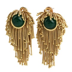 Midcentury 18 Karat Gold Tassel Green Onyx Clip-On Earrings