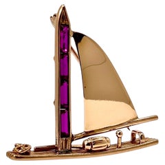 Mid-Century 18K Pink Gold Sailboat Pin with Synthetic Ruby Mast