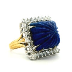 Mid-Century 18K Two-Tone Carved Lapis Lazuli and Diamond Halo Cocktail Ring