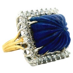 Mid-Century 18K Two-Tone Carved Lapis Lazuli and Diamond Halo Cocktail Ring