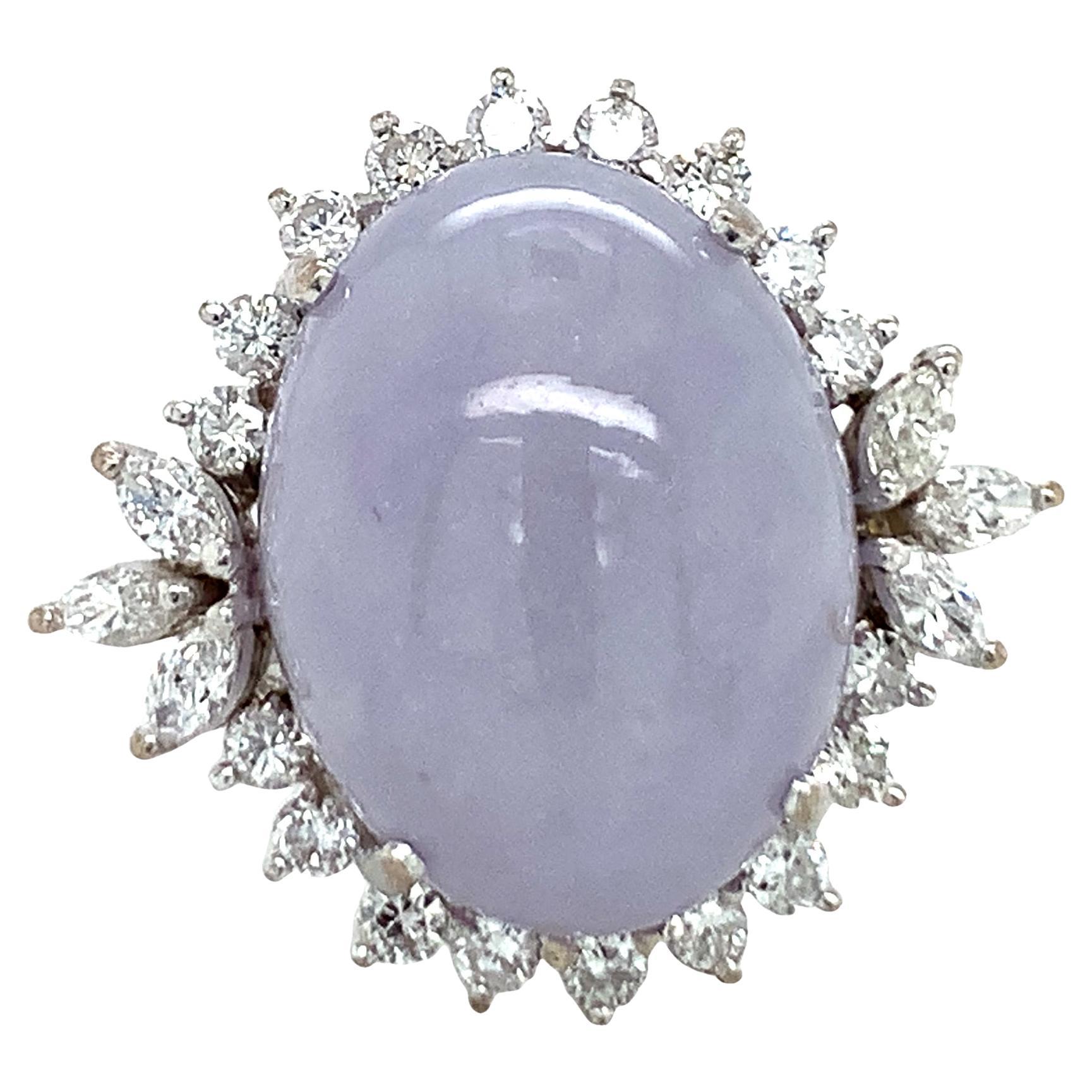 Mid-Century 18K White Gold Lavender Jade Diamond Ring