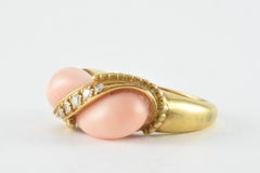 Mid-Century 18K Yellow Gold Coral and Diamond Bypass Ring
