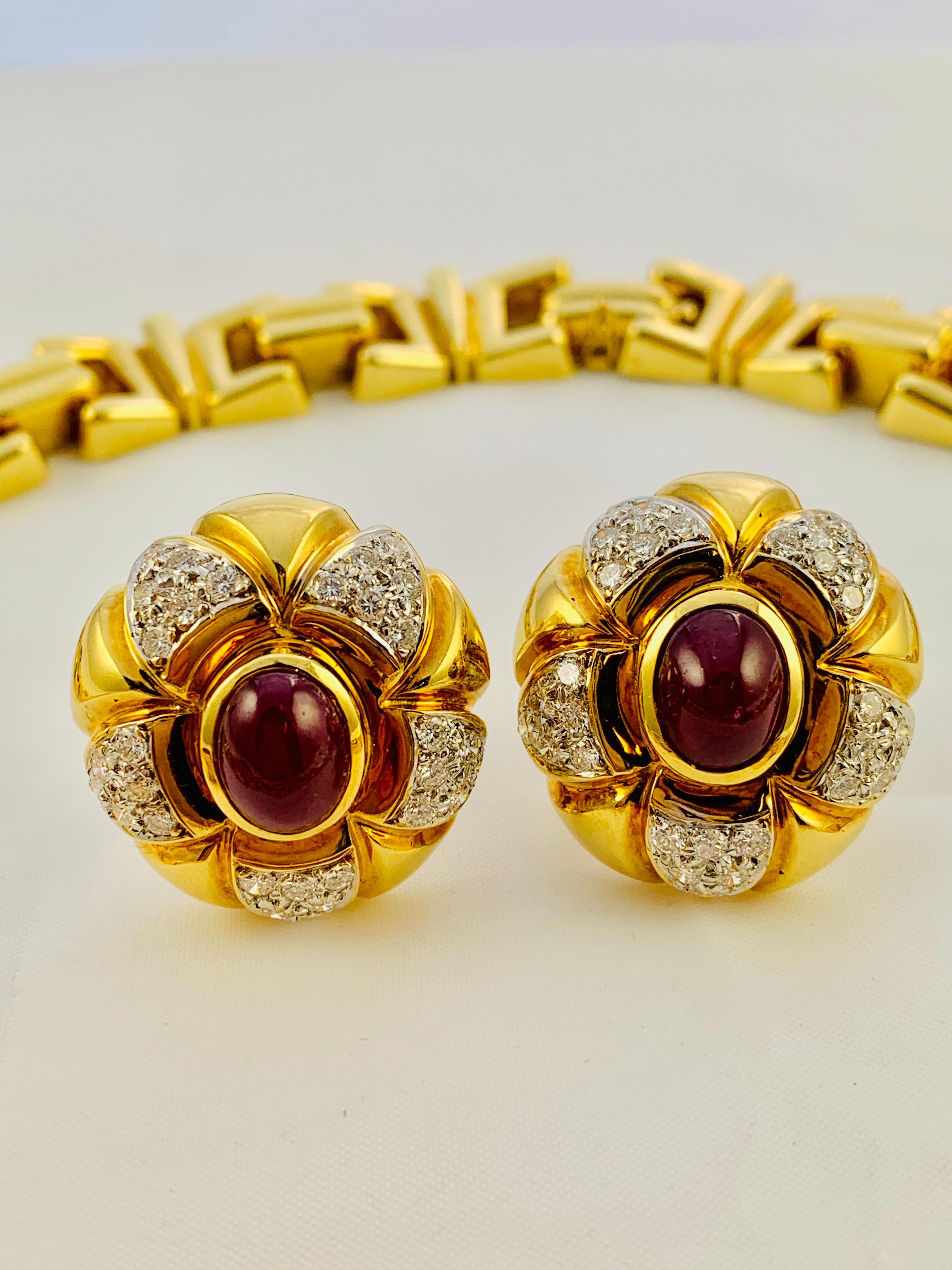 Round Cut Midcentury 18 Karat Gold, Diamond, Sapphire, Ruby, Emerald Necklace Earrings